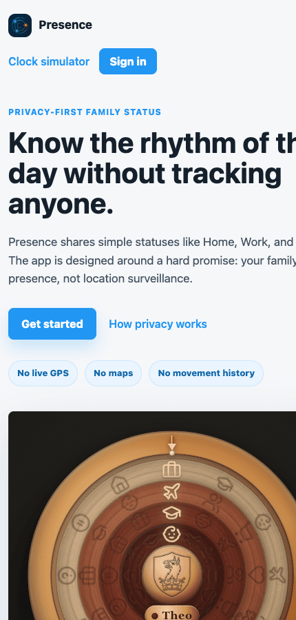 Presence mobile landing page with the physical family status clock