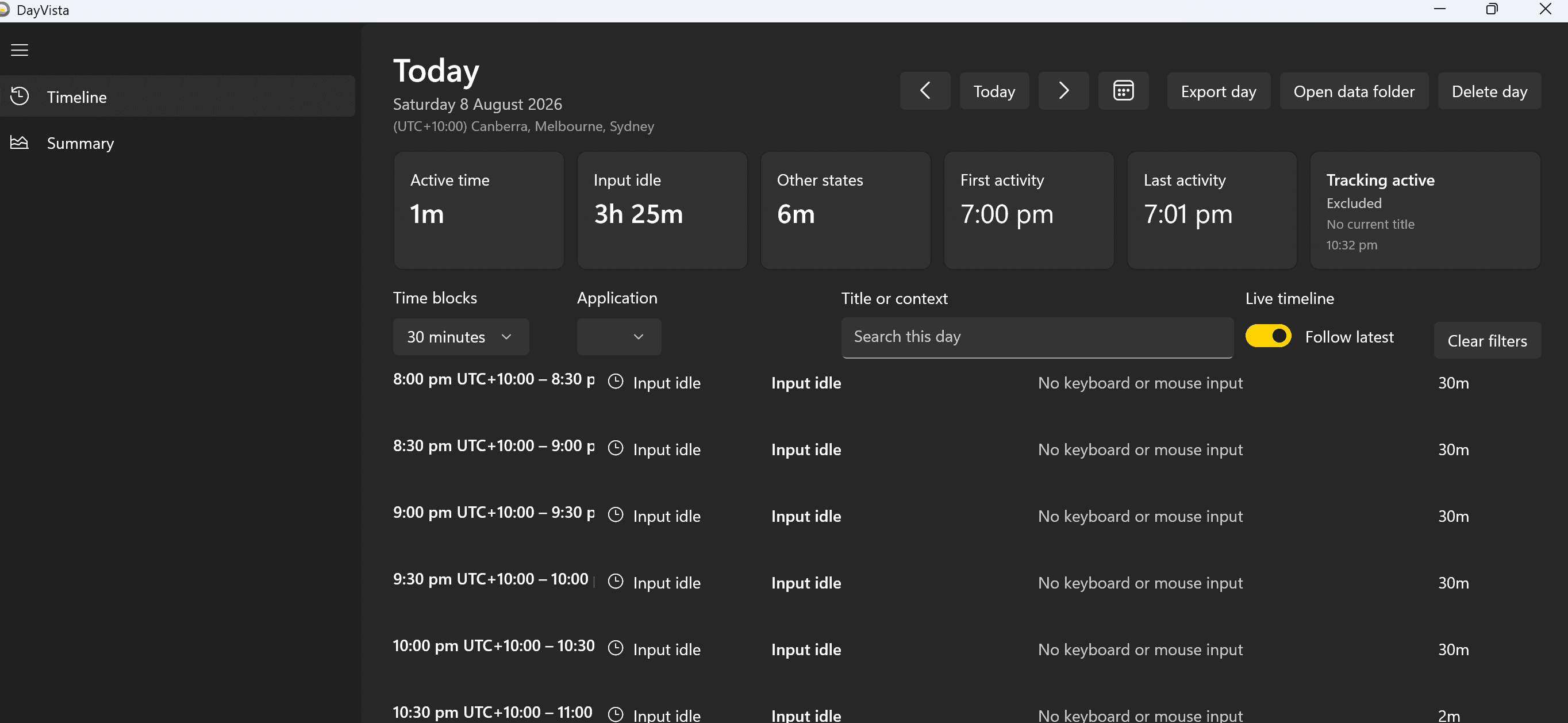 DayVista timeline showing daily activity states and half-hour time blocks on Windows 11
