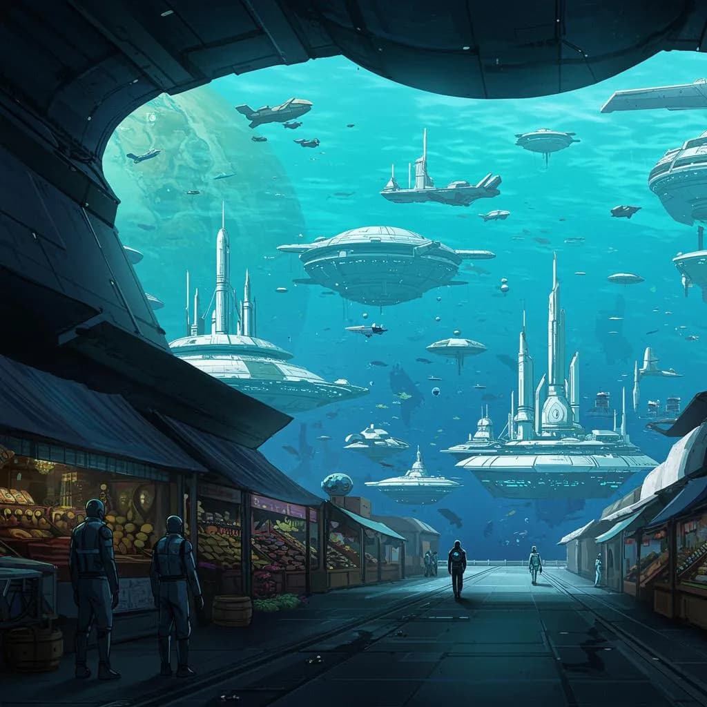 Azure, an ocean world with a floating futuristic city