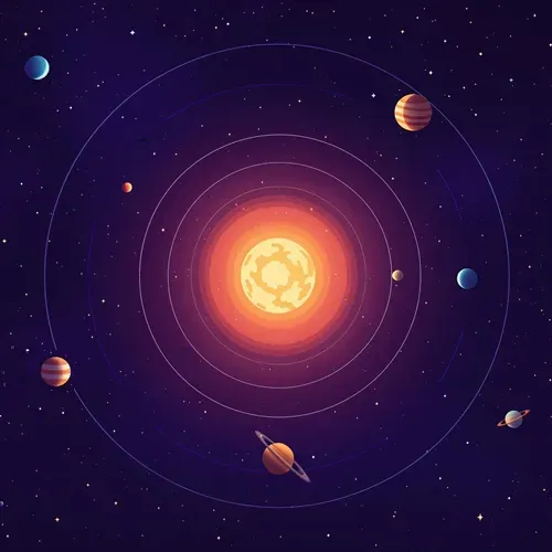 Illustrated Frontier Flux galaxy with eight orbiting worlds