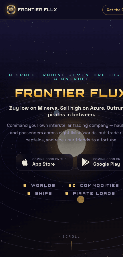 Frontier Flux mobile website introducing the space trading game