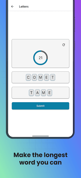 Timeova Letters round with a countdown and letter tiles