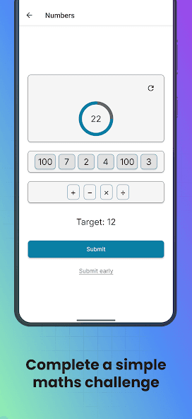 Timeova Numbers round with six values and a target